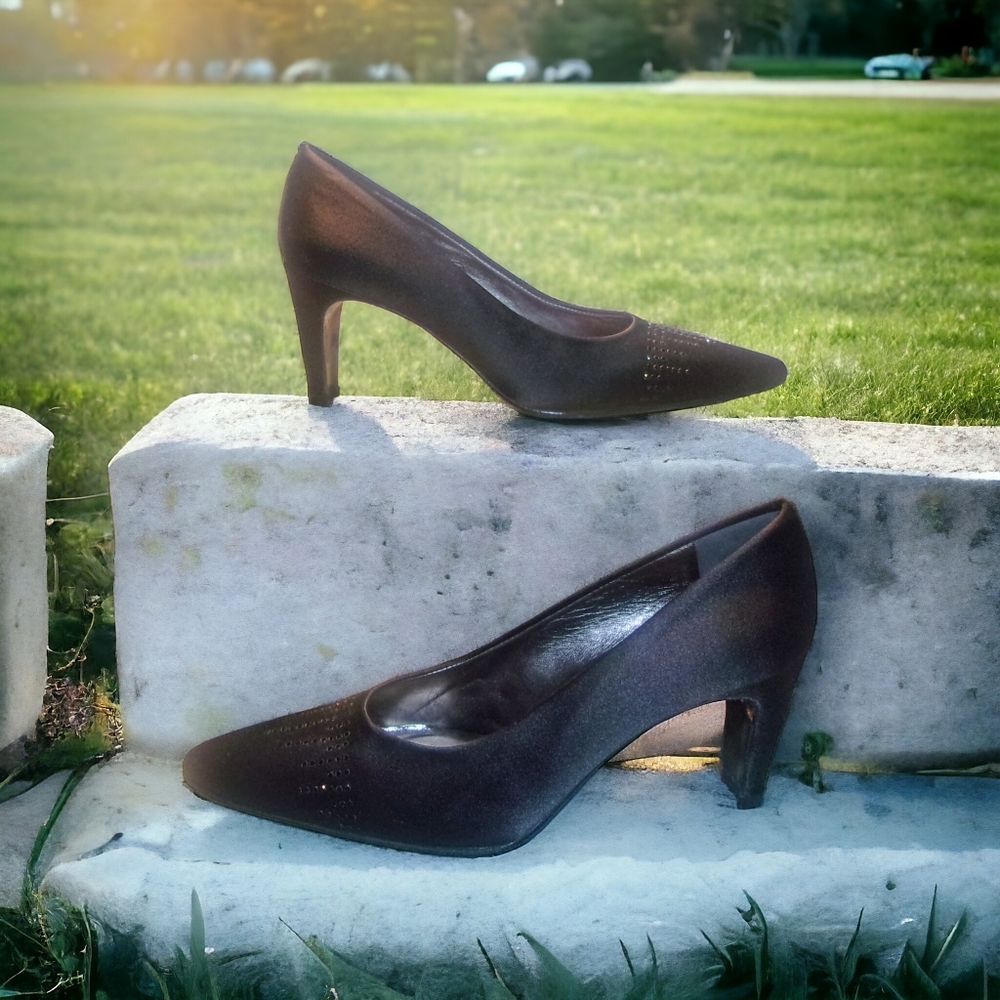 DELMAN | Black Satin Embellished Modest Heels | size 5.5
